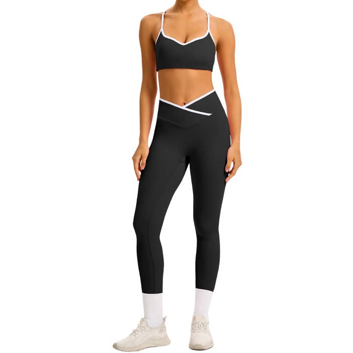 Sodalemon - Wholesale Activewear set – Women′s - Color-Block Crossover-Waist Sports Bra & Leggings Set