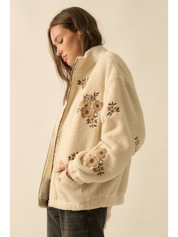 Promesa USA - Wholesale Jacket - Women's - Floral-Embroidered Sherpa Fleece Zip-Up Jacket15