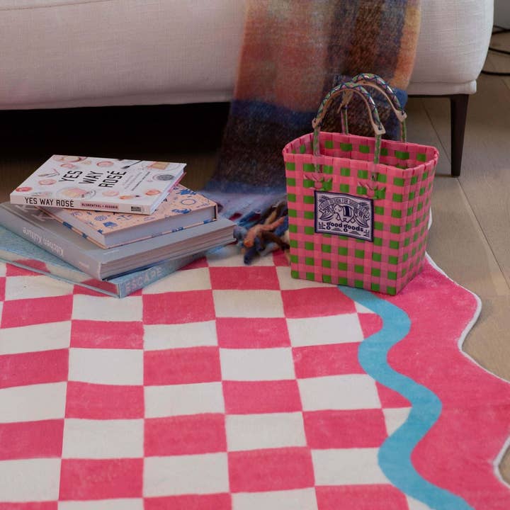 Pink and Blue Lace Checkered Rug for wholesale on Faire1