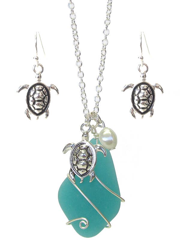 ( K023 ) SEA GLASS FRESH WATER PEARL NECKLACE SET for wholesale by Jewelry Max