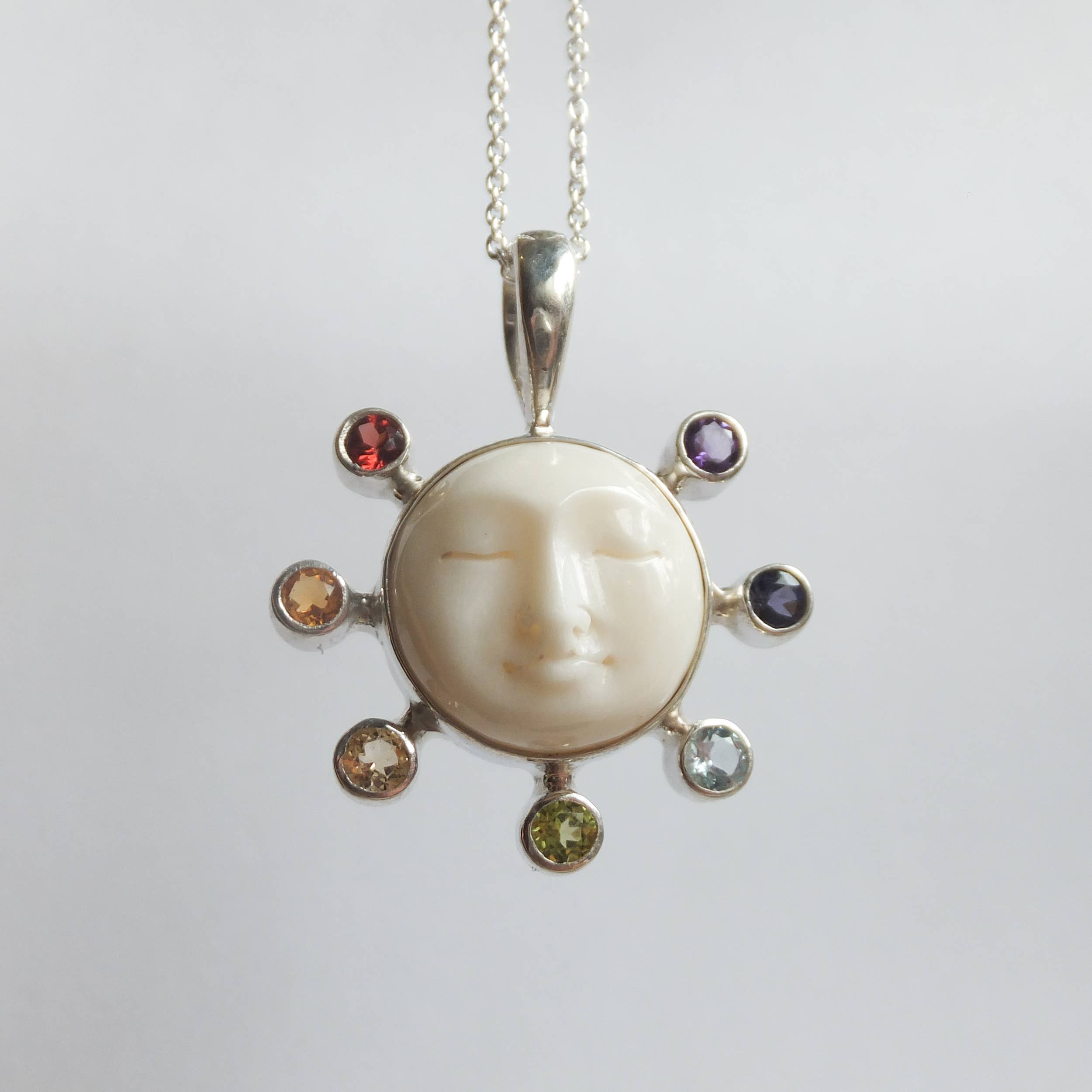Ajmer by Jodi - Wholesale Individual Charm/Pendant - Moon Face Chakra Pendant in sterling silver ~ 7 faceted gems3