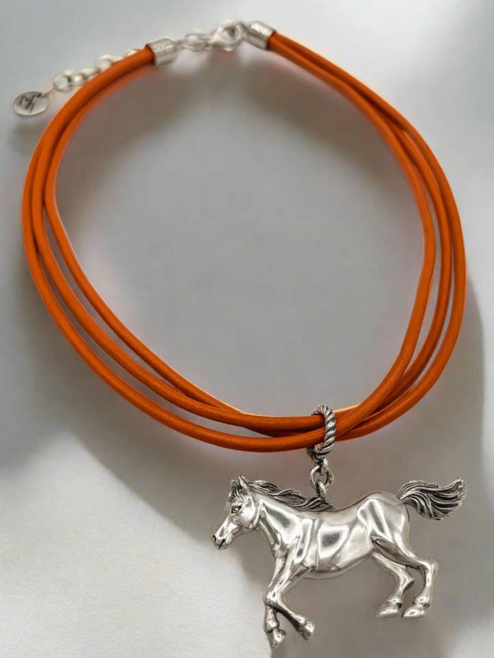Triple Thick Strand Leather Cord Galloping Sterling Silver Horse Necklace for wholesale by jfybrand