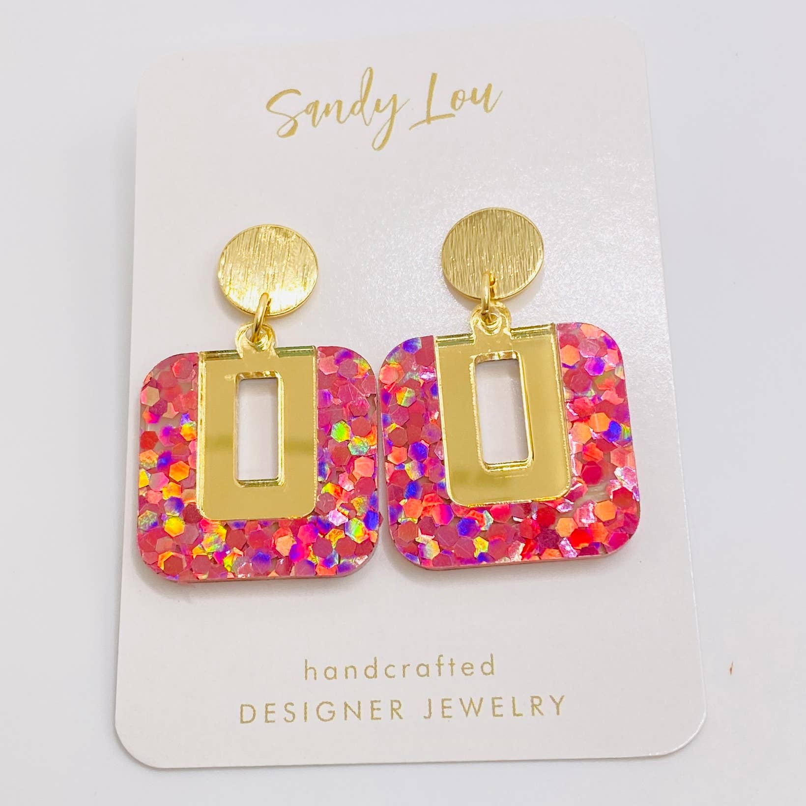 Sandy Lou Designs - Wholesale Dangle Earrings - BE SQUARE PINK HOLOGRAPHIC GLITTER AND GOLD EARRING 3