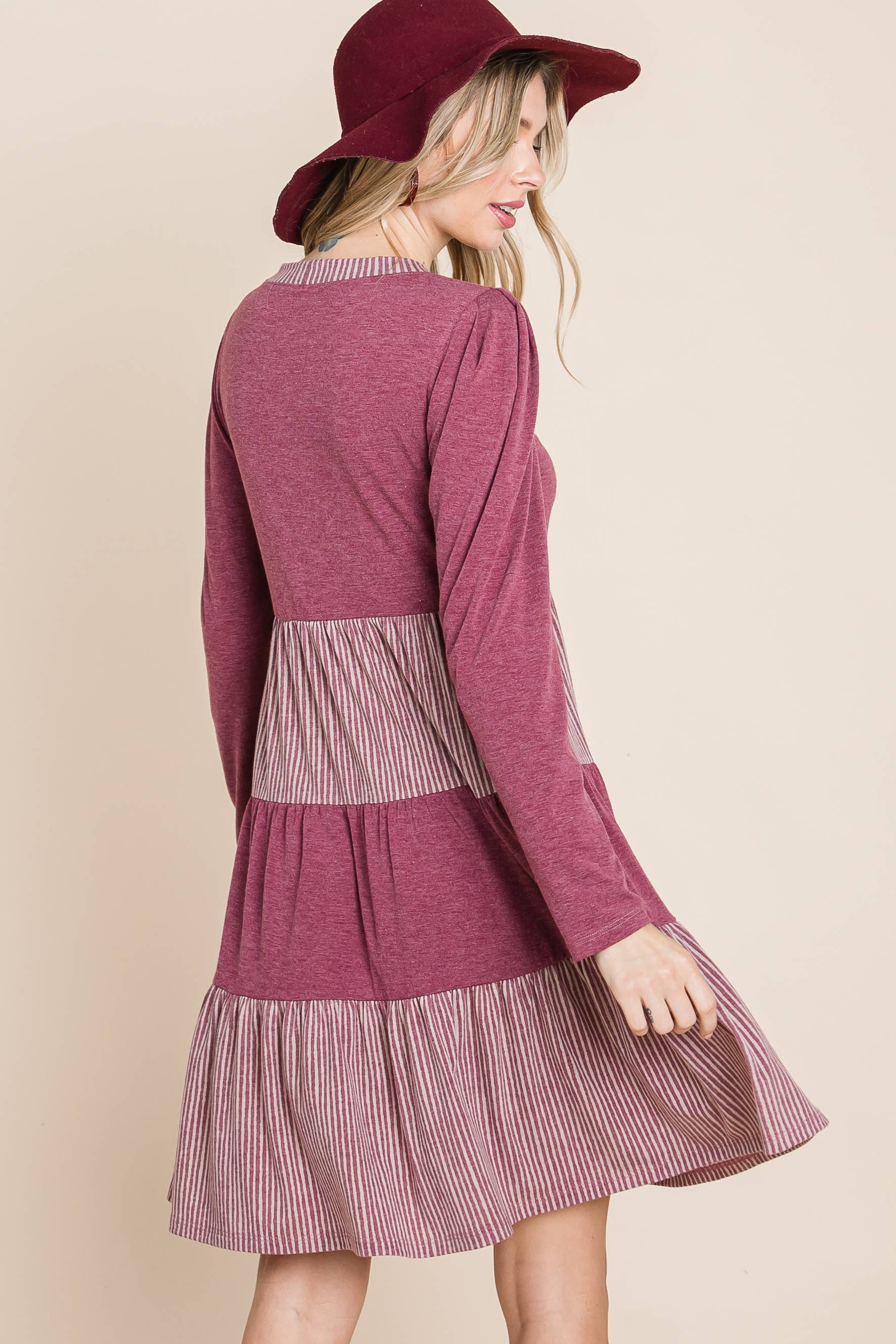 Burgundy ETK-8610-PL Plus Size Striped and Solid  Knee Dress for wholesale on Faire3