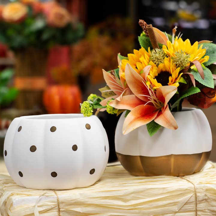 Jacobson - Wholesale Plant Pot - 6.5"D Assorted Ceramic Pumpkin Planters - Ivory & Gold