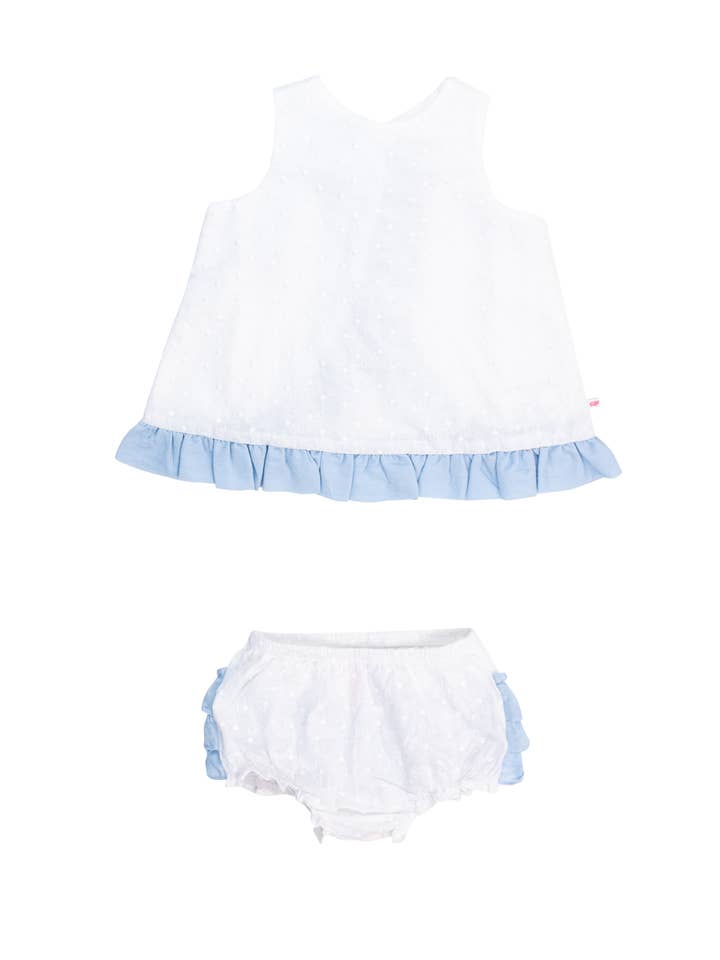 Baby Girls White & Light Blue Swiss Dot Swing Top & Bloomer Set
for wholesale on Faire