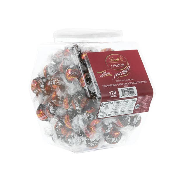 Kelli's - Wholesale Chocolate Covered Sweets - Lindt Lindor Dark Chocolate Strawberry Truffles Display Tub