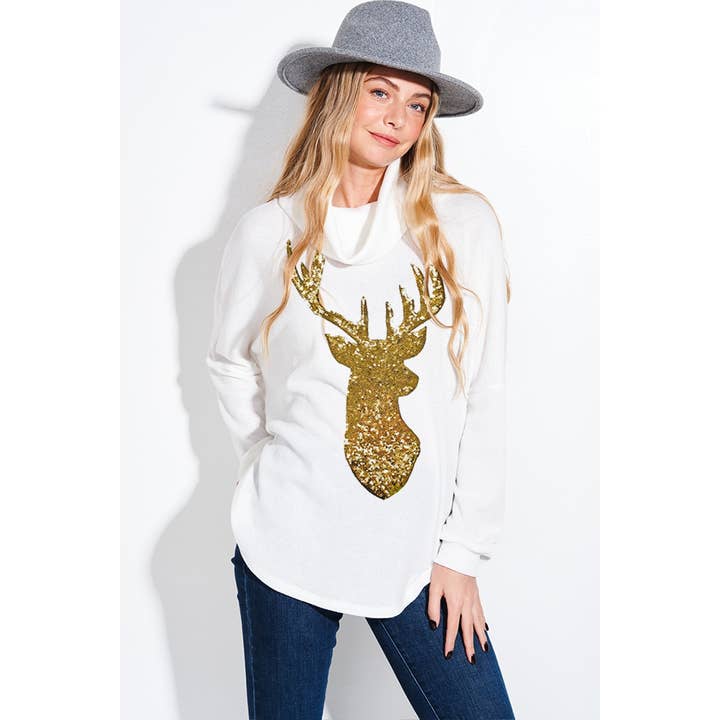 Deer sequin Cowl neck knit top for wholesale by Phil Love