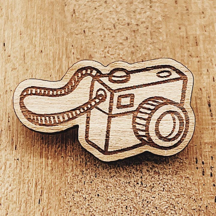 Mini Camera Wooden Pin for wholesale by The Wooden Pin