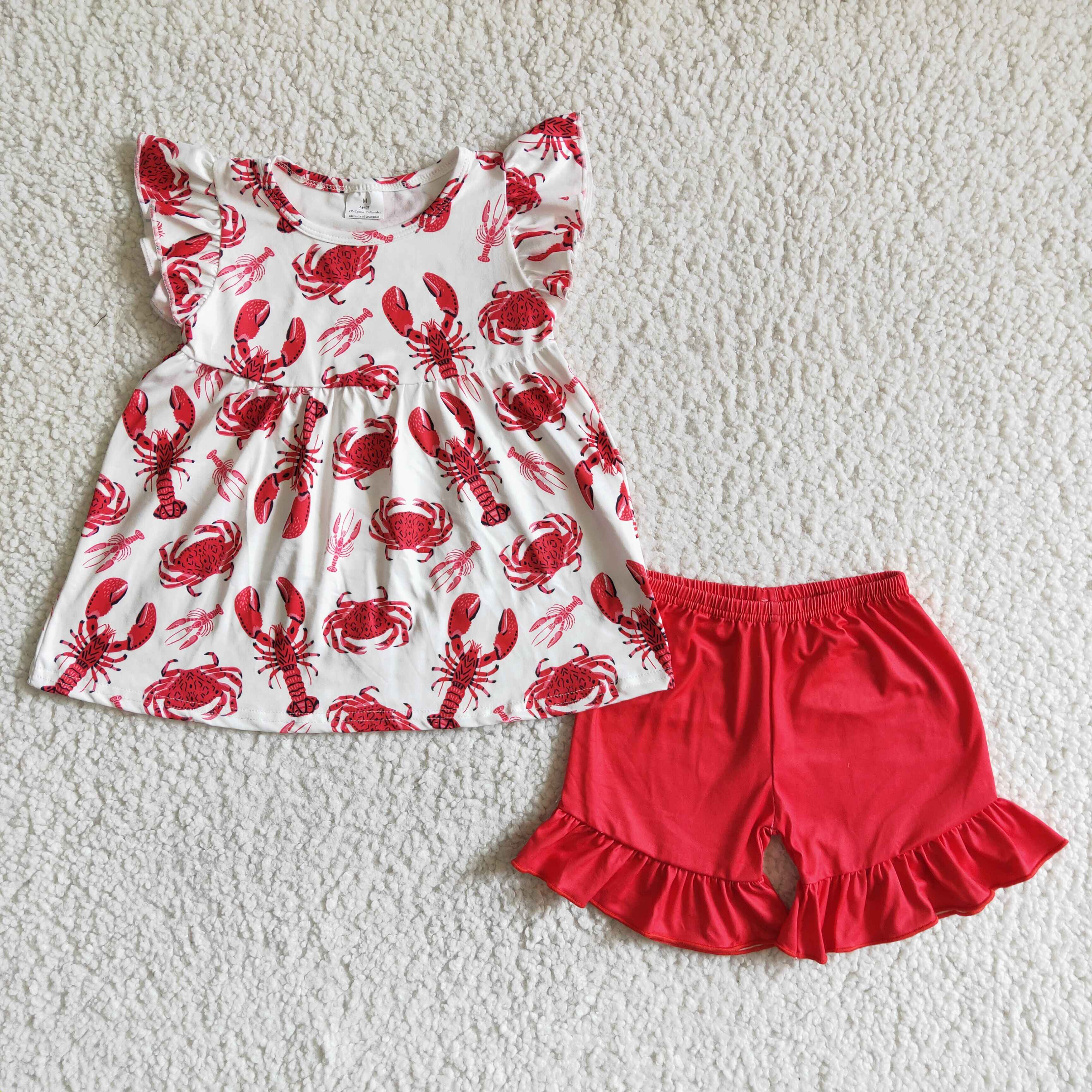 Yawoo Garments - Vente Ensemble haut et short – enfant - Short rouge à manches volantées à imprimé écrevisses et crabes pour filles1