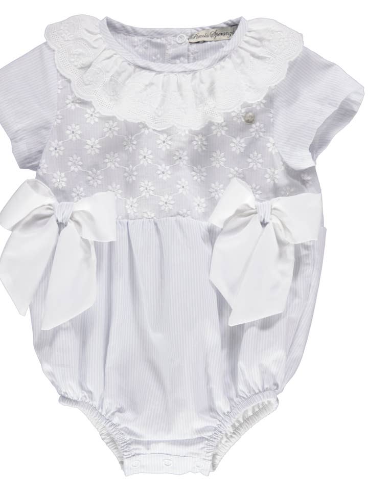 Blue baby bodysuit with lace and white bows for wholesale by Piccola Speranza