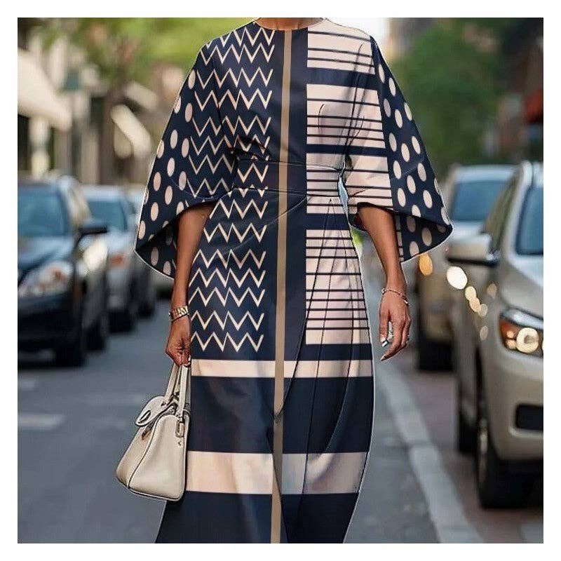 Sheer Trend – wholesale Klänning - Dam – Midiklänning med rund hals och tryckt midja2