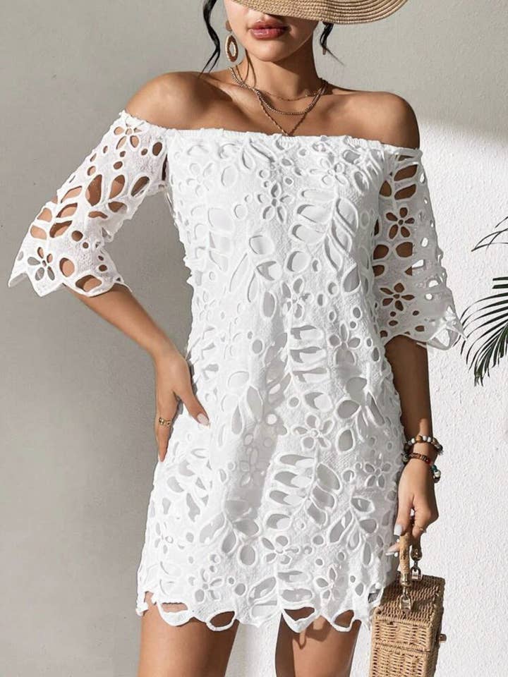 Stylish solid eyelet lace mini dress for wholesale by Rosa Clothing