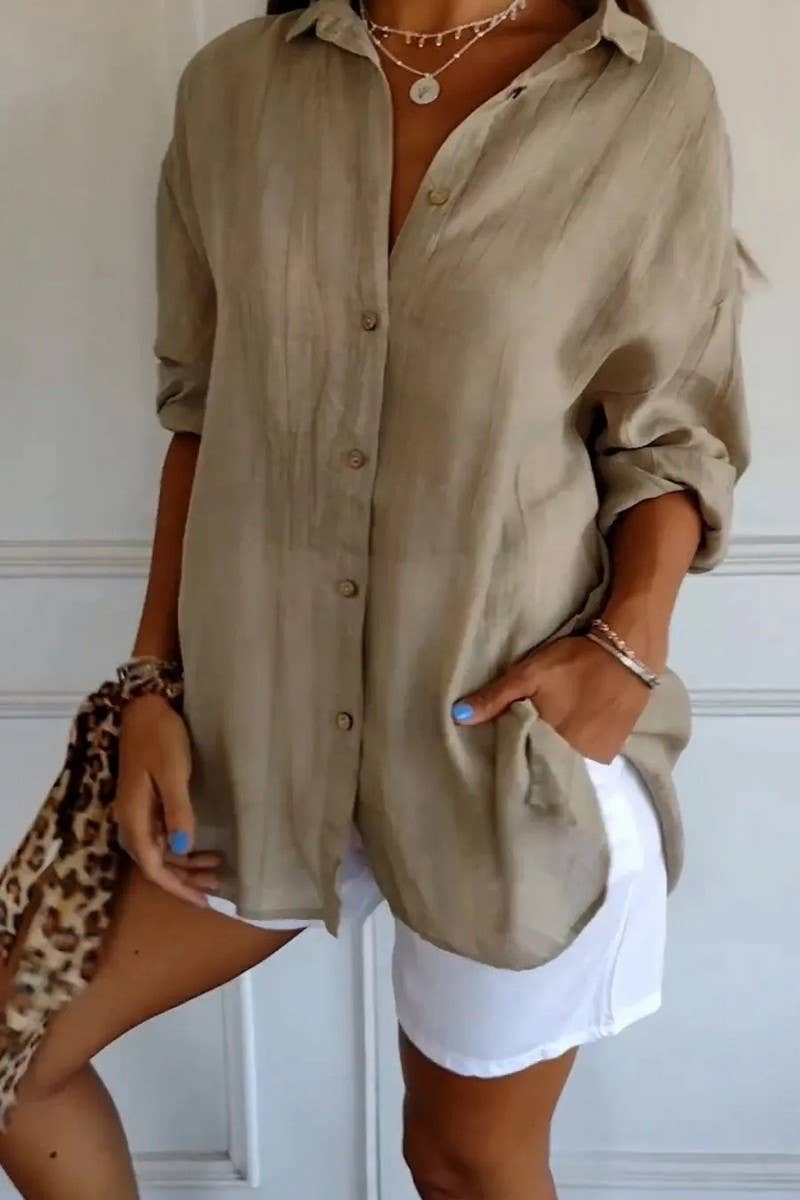 NINEXIS - Wholesale Shirt - Women's - CWTSTL2281_SOLID COLOR SINGLE BREASTED PLEATED LAPEL SHIRT8