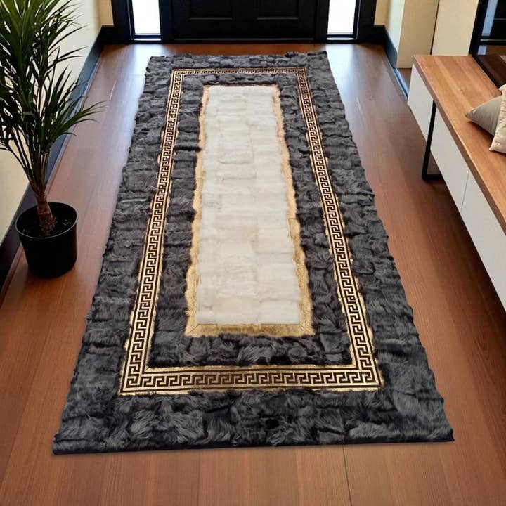Gray Gold Tuscan Runner Rug, Long Handmade Fur Carpet with Key Border for wholesale by Karelias And Sons