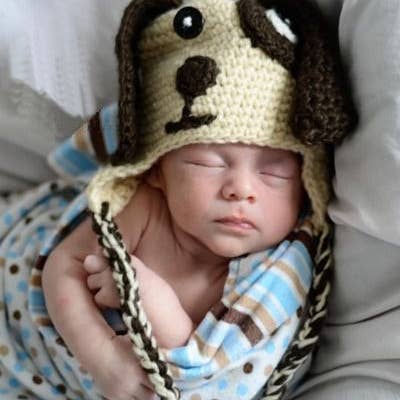 Ecru/Brown Puppy Crocheted Handmade Heirloom Baby Gift Hat for wholesale by The Daisy Baby LLC
