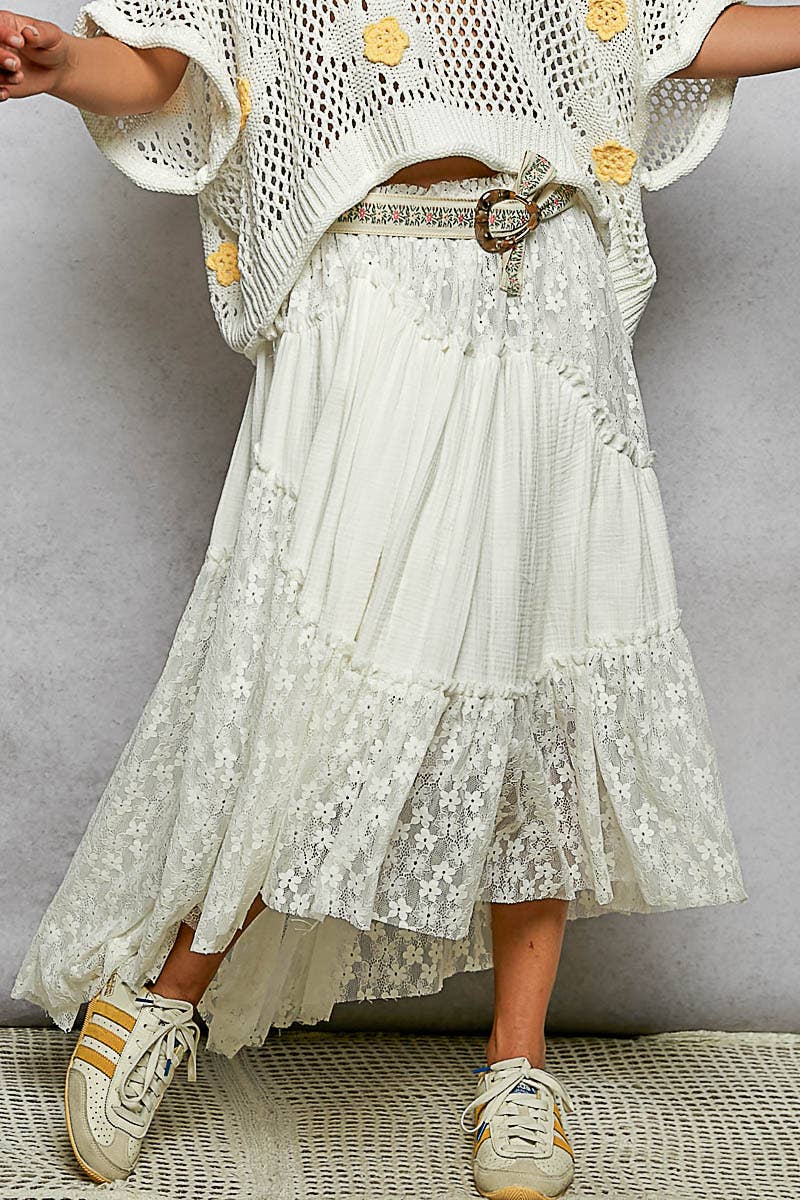 Pol Clothing - Wholesale Skirt - Women's - Double gauze raw edge lace patch solid maxi skirts11