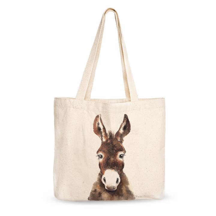 Donkey Large Canvas Tote Bag Original Watercolor Animal Art for wholesale by Todo Bien Design Inc