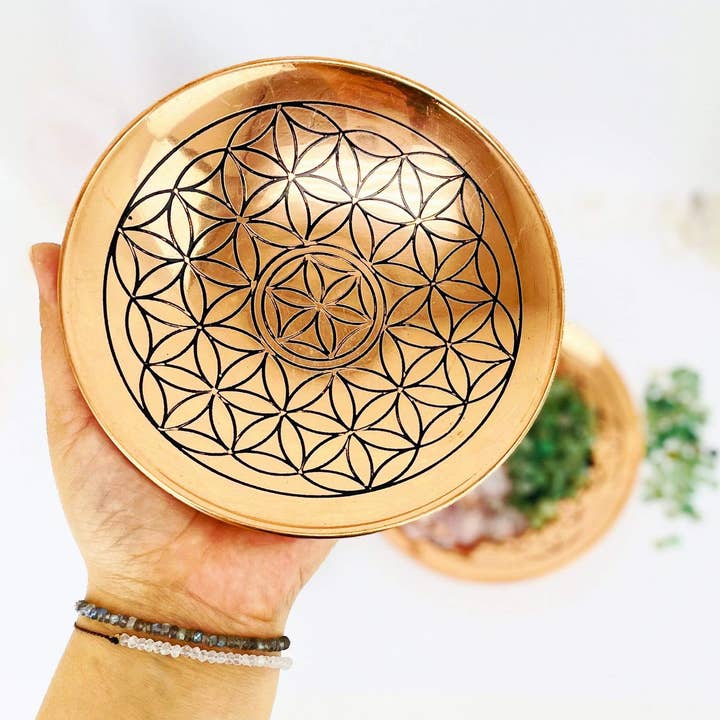 Crystal Copper Flower Of Life Grid offering bowl - (RK15-17) for wholesale by Rock Paradise