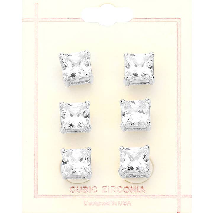 Sensibling Corp. - Wholesale Stud/Post Earrings - 3Pairs - CZ Square Stone Stud Earrings