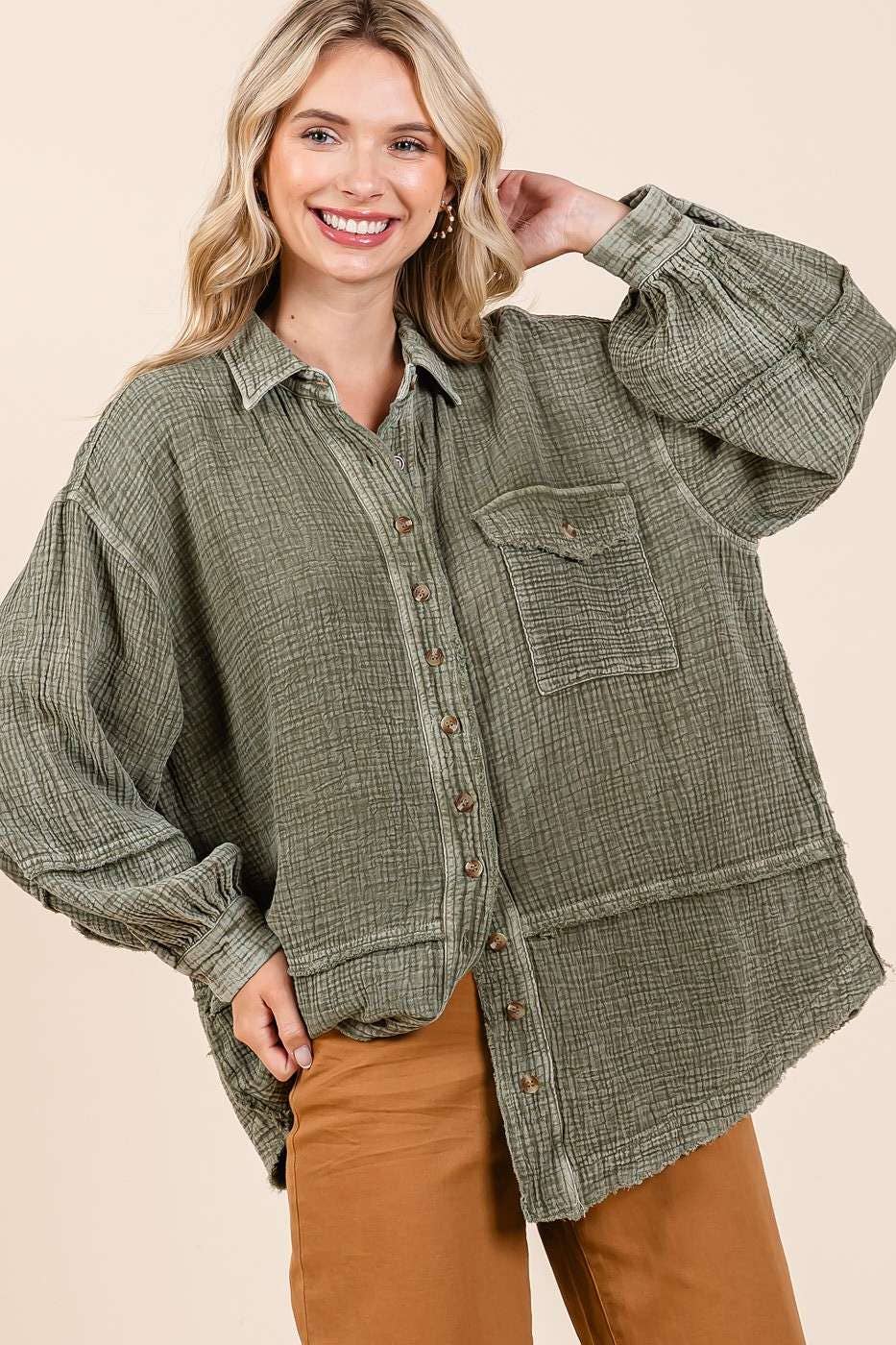 mittoshop - Venta al por mayor Camisa con botones - Mujer - CAMISA CON BOTONES DE GASA ARRUGADA Y LAVADO MINERAL9