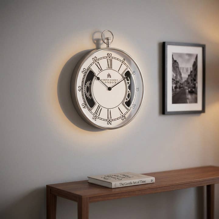 Reloj de pared diseño de reloj de bolsillo, redondo, plateado brillante, de alta calidad, AlxAn.51x40 cm para venta al por mayor de Antikas