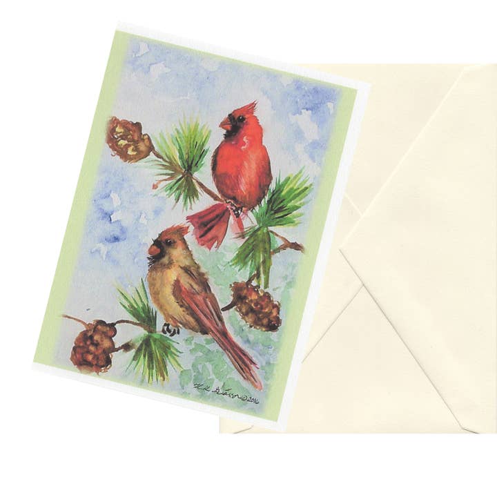 Fine Art For Small Spaces - Wholesale Everyday Greeting Card - Cardinal Pair Watercolor Nature Art Blank Note Card