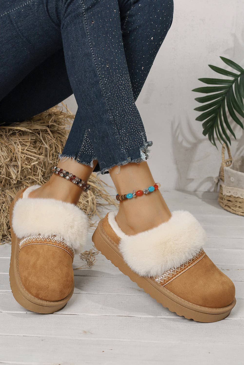 Lovesoft - Wholesale Slippers - Women's - Faux Suede Plush Trim Ethnic Mule Slippers14