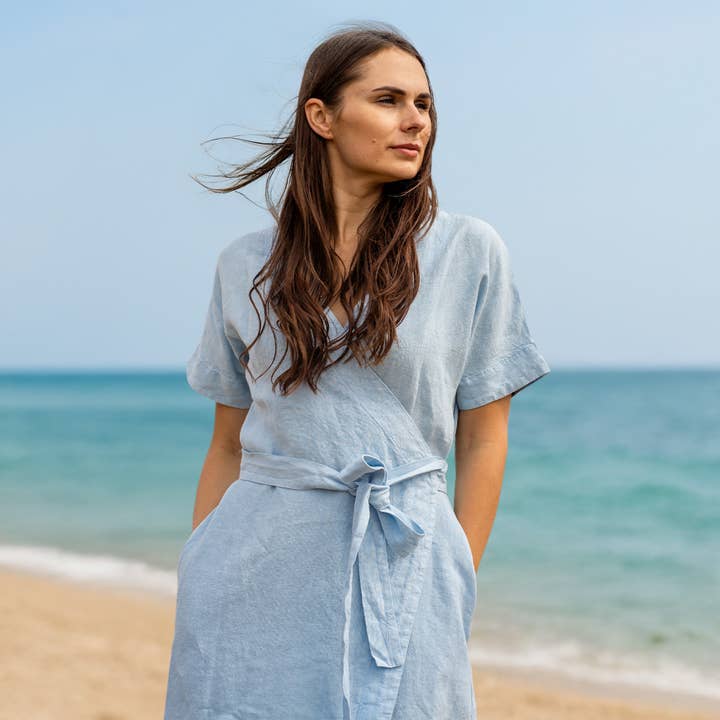 menique - Wholesale Dress – Women's - Natural Linen Wrap Dress Eliana - Midi Summer Beach Dress16