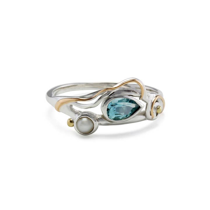 Handmade Sterling Silver Ring with Blue Topaz and Pearl for wholesale by Banyan Jewellery