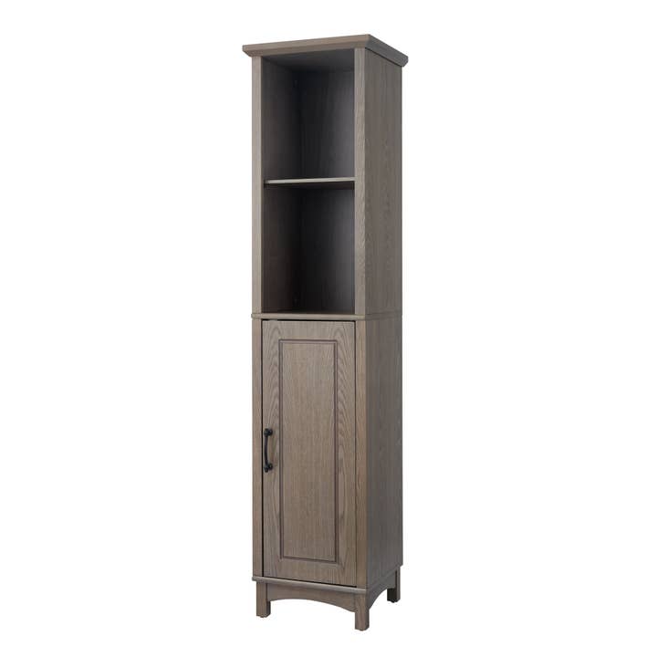 Russell Farmhouse Wooden Linen Tower Cabinet, Salt Oak for wholesale on Faire