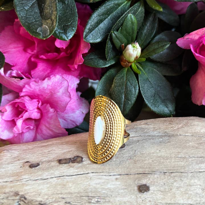 18ct Gold Plated Adjustable White Jade Shield Ring for wholesale by Ocean Ripples