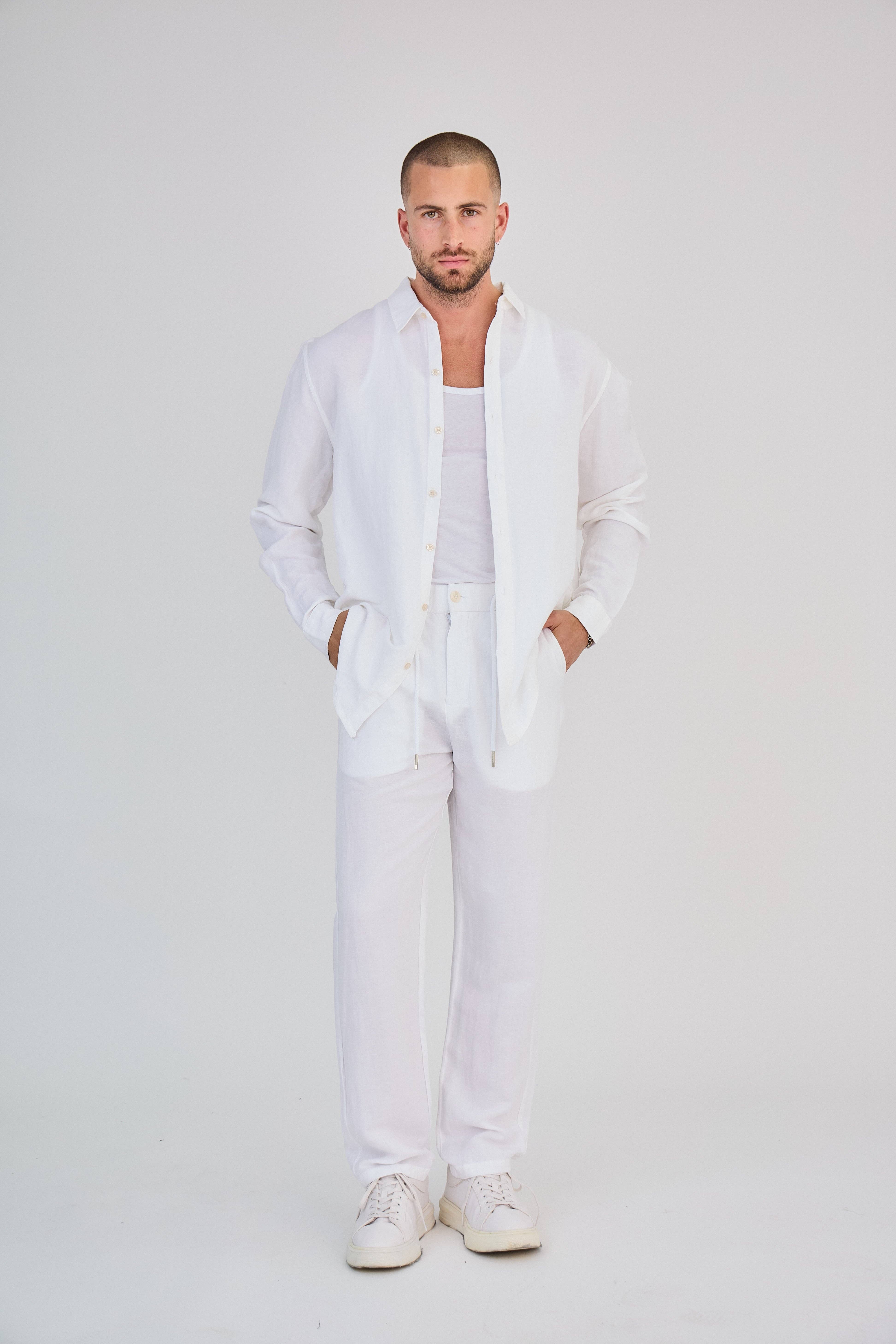 TOP MONDAY – Camisa - Homem por atacado – Camisa branca de linho com mangas longas0