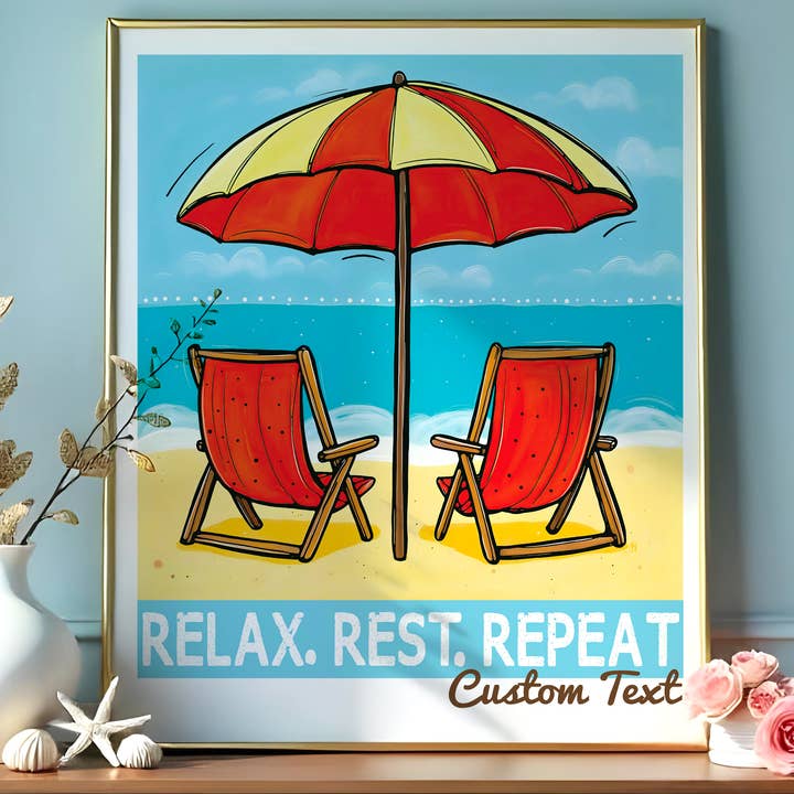 Two Beach Chairs & Umbrella – Custom Coastal Art Print for wholesale by Atelier Vero Wholesale