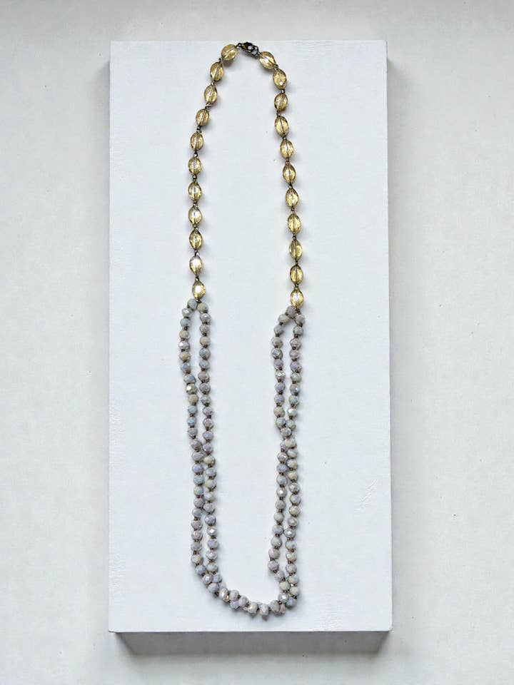 WearMe anywhere 34’ light blue Jean necklace hand knotted for wholesale by Ava Capri