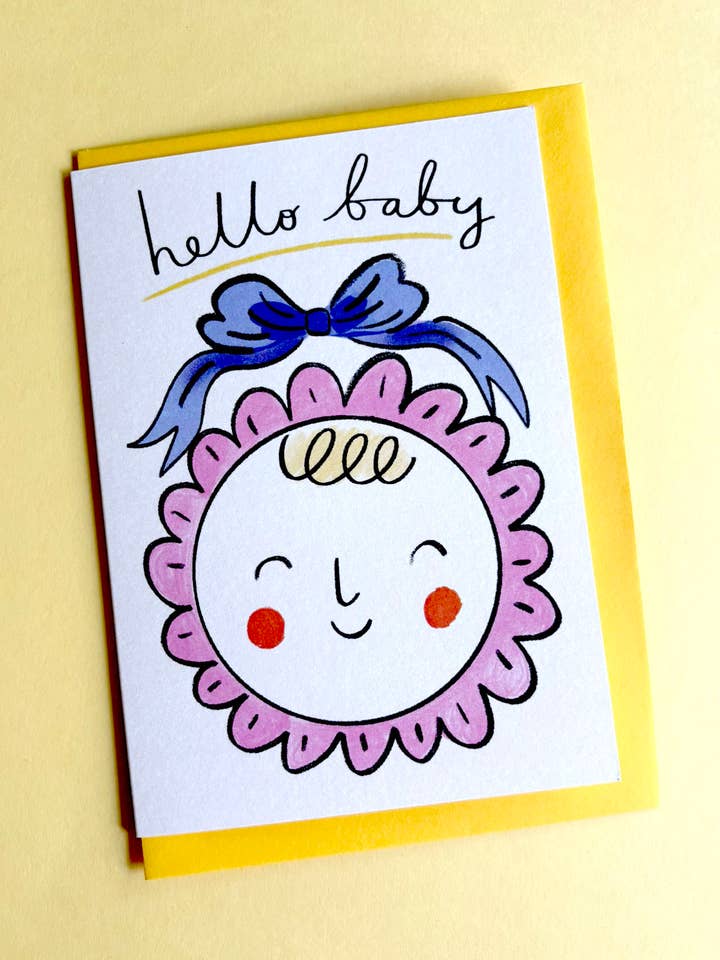 Unisex Hello Baby in Bonnet Greeting Card for wholesale by Kitty Kenda Papergoods