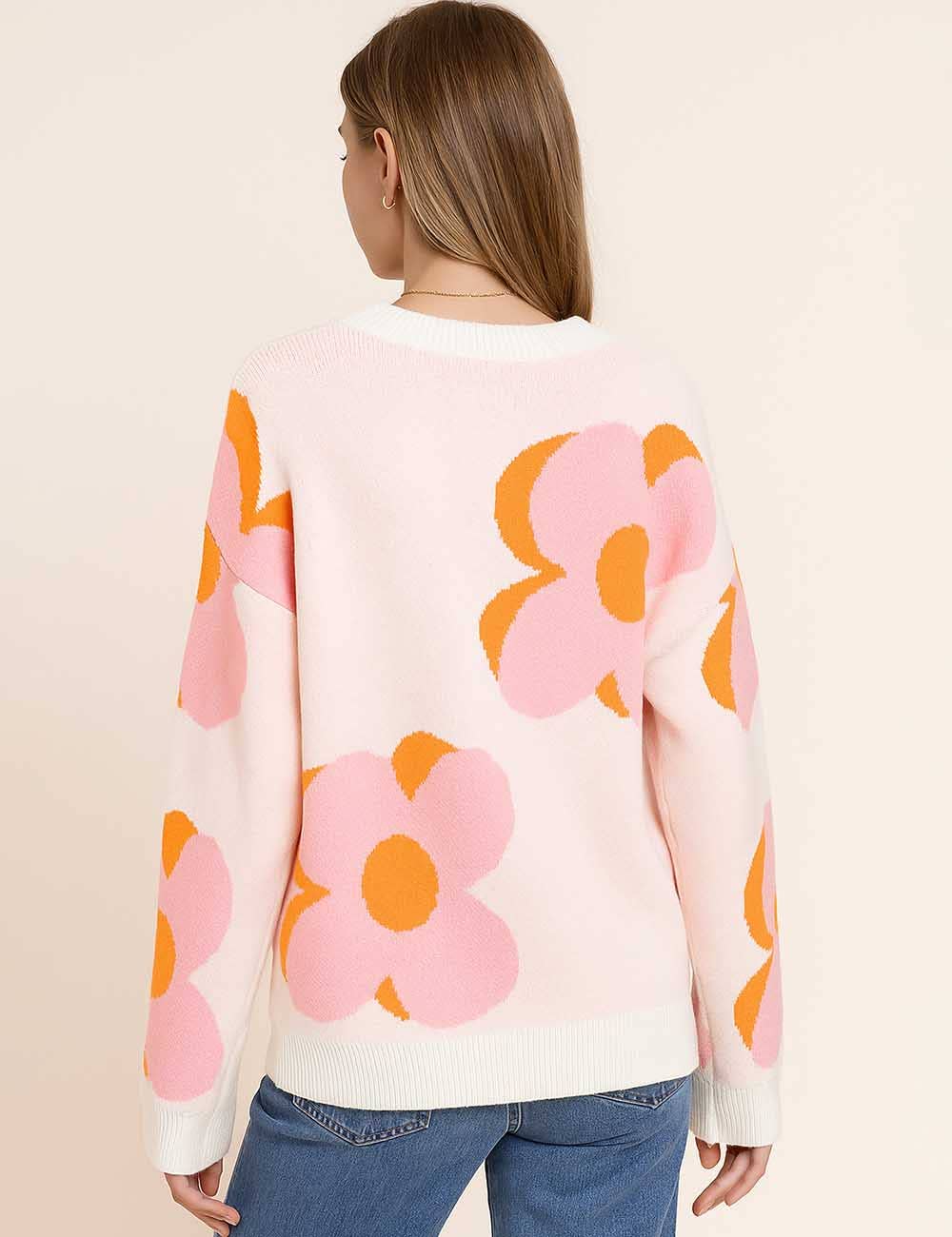 Sweetkama - Vente Pull en maille – femme - Pull tricoté à col rond à motif floral multicolore pour femmes12