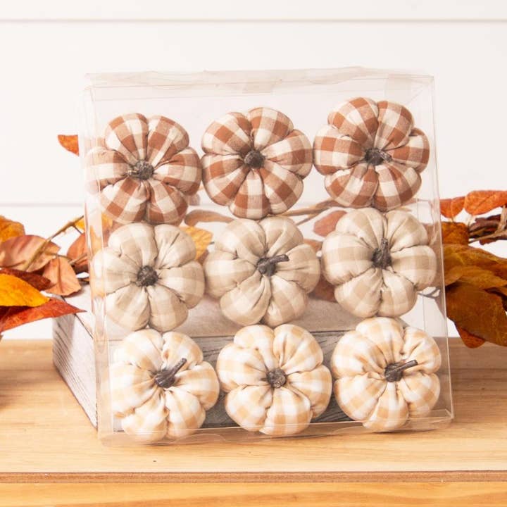 Audrey's Home & Gift - Wholesale Decorative Tabletop Object - Tan Plaid Mini Pumpkins (Pk/09 Ast)0