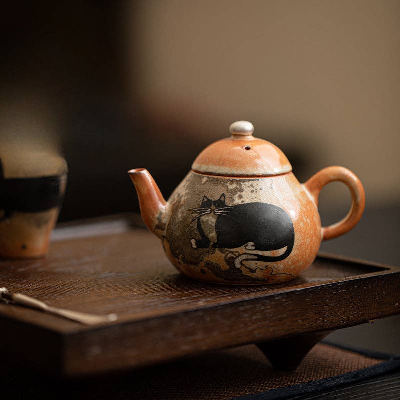 Gohobi （We cover U.S. import duties） – chaleira por atacado – Gohobi Bule de Chá de Gato Pintado à Mão com Tinta Preta Feito à Mão 01212