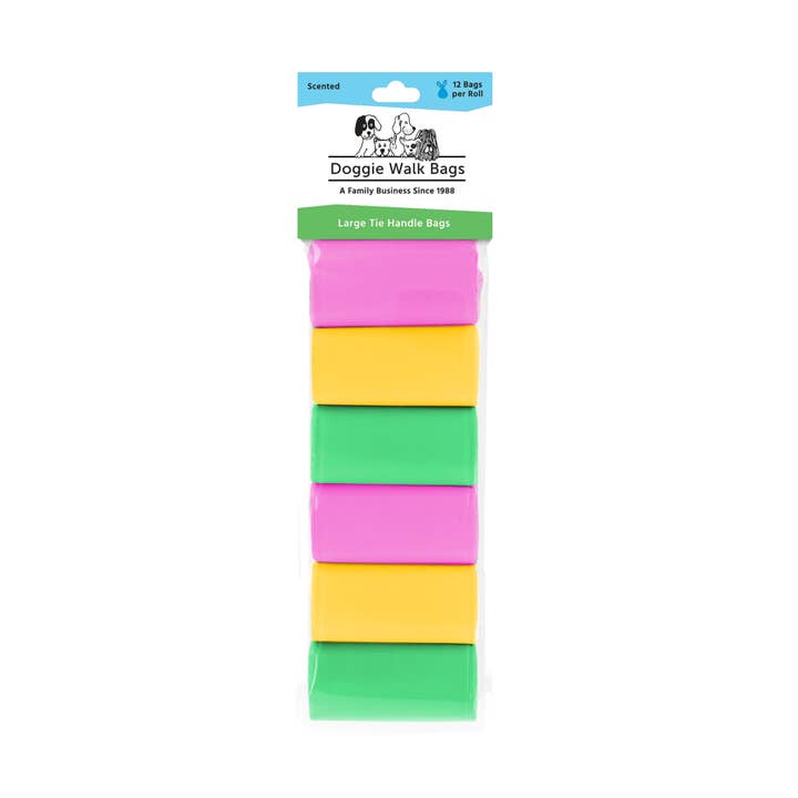 Doggie Walk Bags - Wholesale Pet Poop Bag - 6 Roll Pink,Yellow,Grn Tie Handle Dog Poop Bags, 72 Count