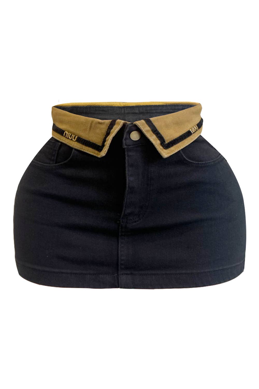 NS7004A Jet Black Denim Mini Skirt with Collar Detail for wholesale on Faire0