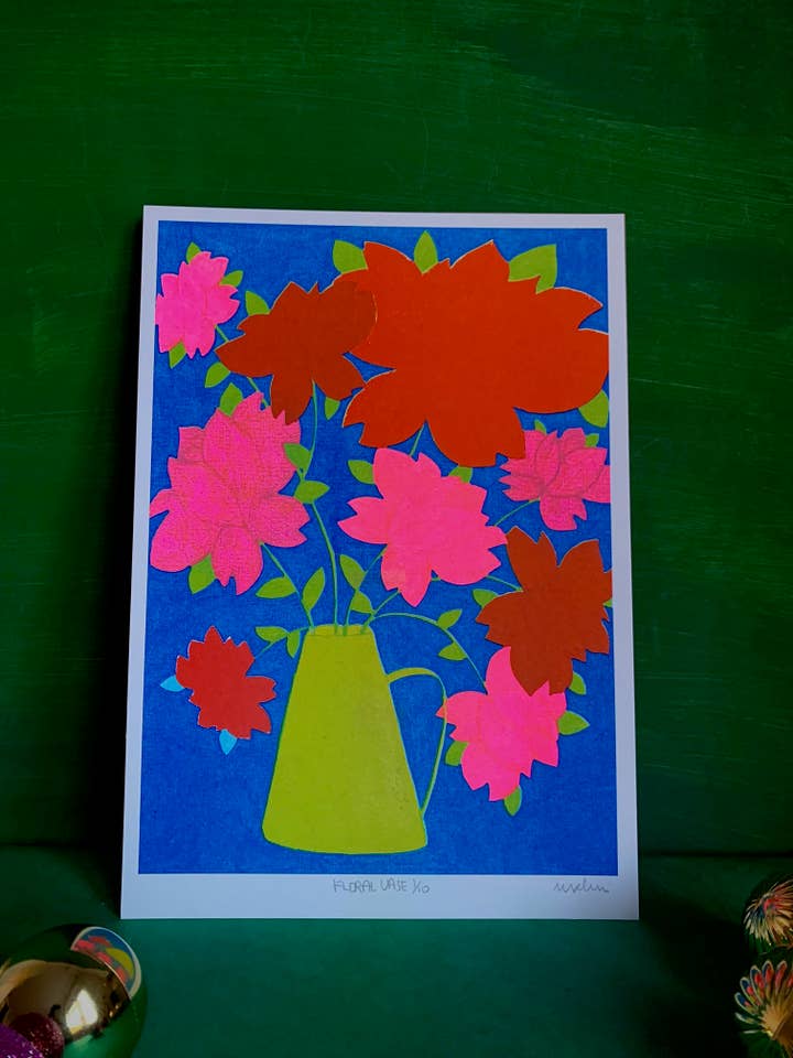 A4 blomsterrisografitryk, blå vægkunst, glædeligt tryk for engroshandel hos Mahin Hussain