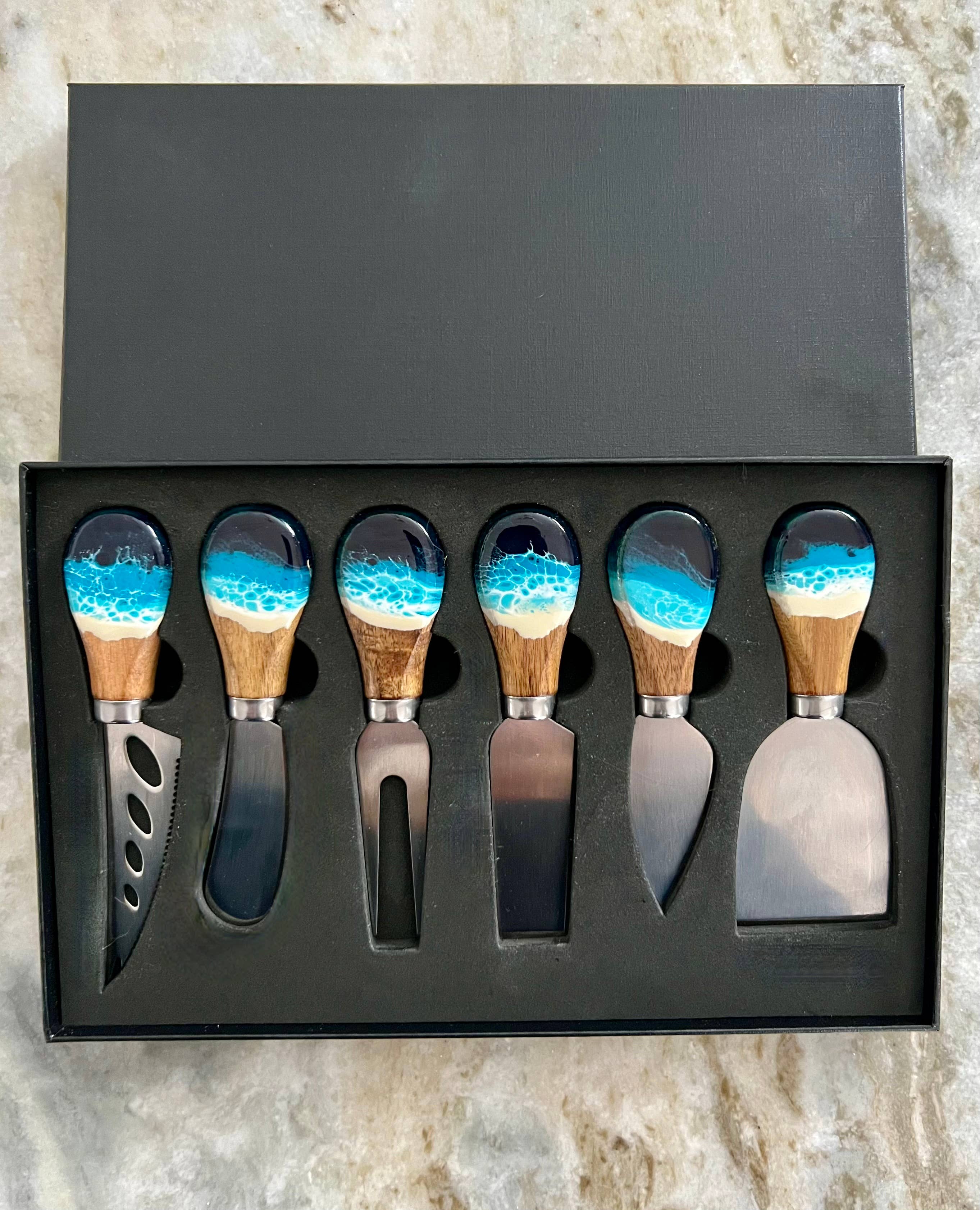 Nikita Fine Art LLC - Wholesale Kitchen Utensil Set - Cheese Utensil Set of 6 with black box with Acacia Wood0
