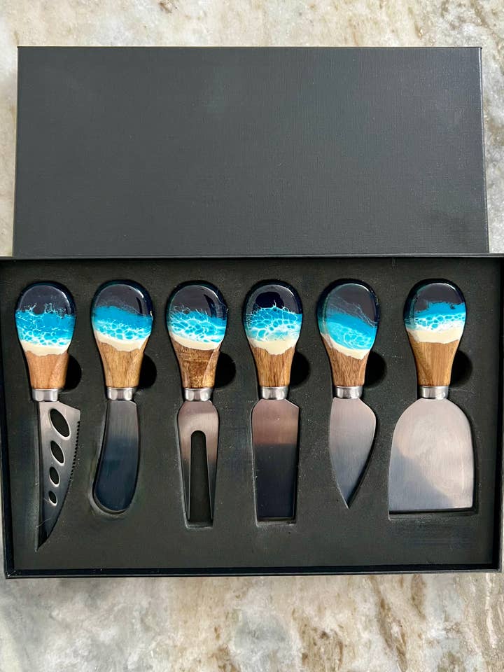 Cheese Utensil Set of 6 with black box with Acacia Wood for wholesale by Nikita Fine Art LLC