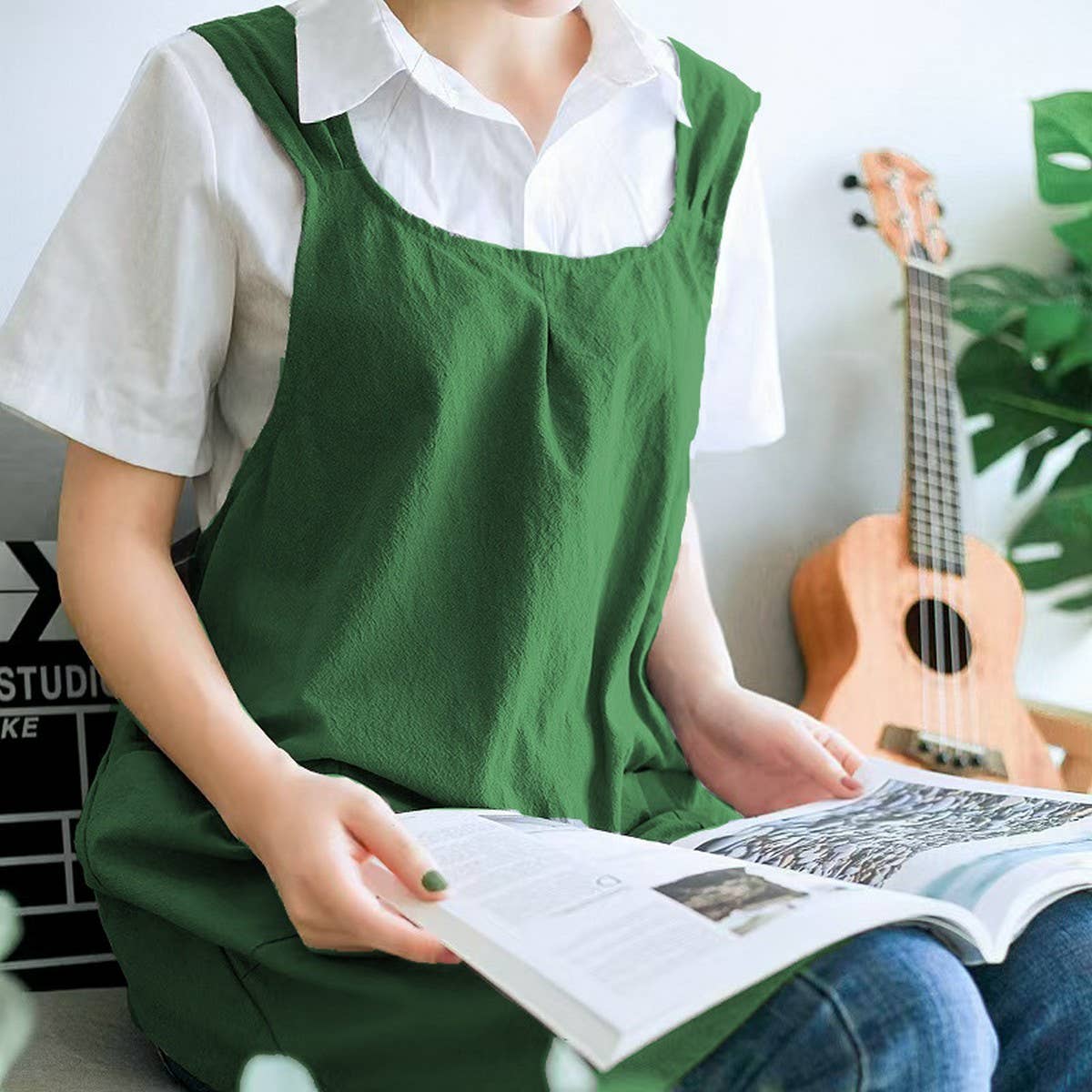 NINEXIS - Wholesale Apron - CWAB3993_COTTON AND LINEN SOLID COLOR TIE-FREE WORK APRON6