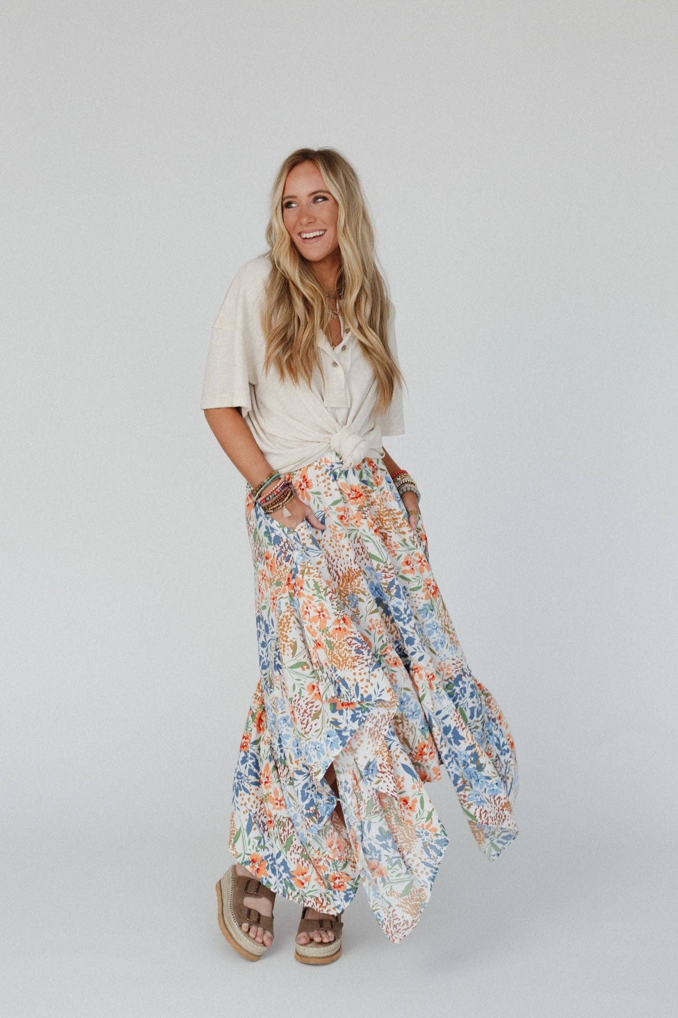 Three Bird Nest - Wholesale Skirt - Women's - Swing Of Things Pocketed Midi Skirt - Floral1