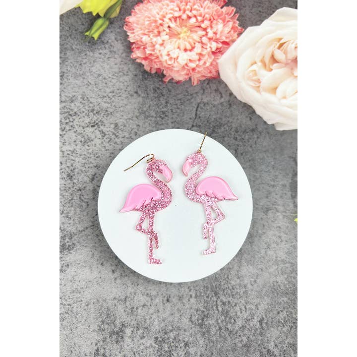 JHP Collection - Wholesale Dangle Earrings - UNIQUE LIGHT PINK GLITTER FLAMINGO ACRYLIC EARRINGS