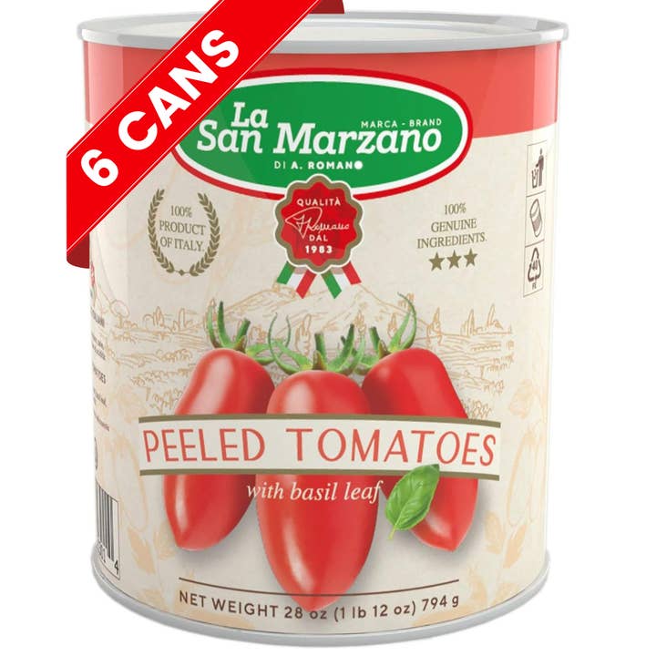 Wholesale Italian Food - Wholesale Pasta Sauce - La San Marzano, Italian Whole Peeled Tomatoes in Puree with Basil 6 x 28oz can