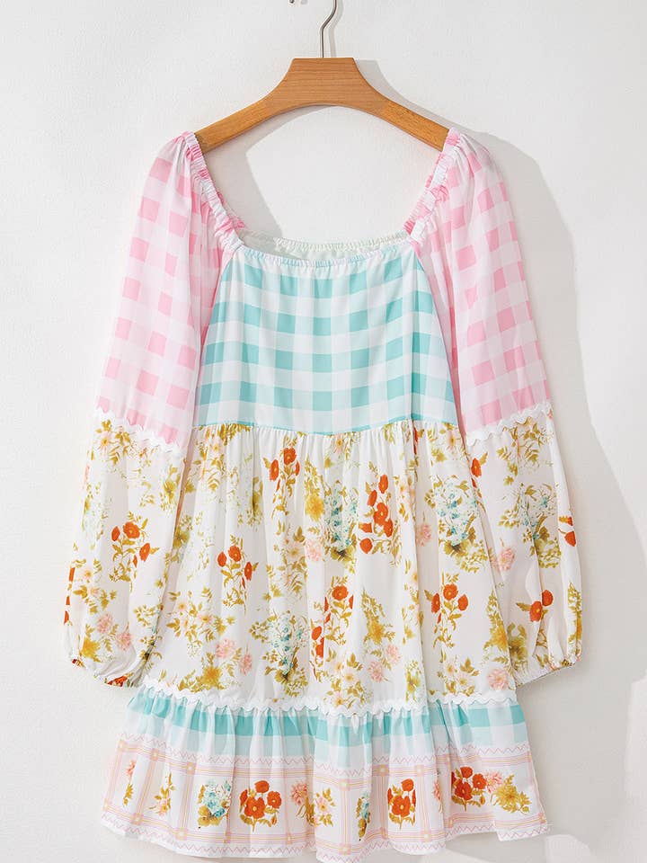 Rose Robe rose à manches bulles en patchwork à carreaux Ric Rac en vente sur Faire1