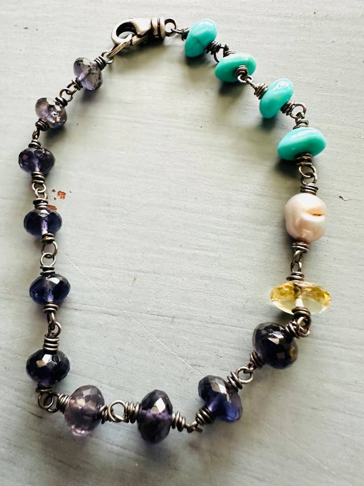 chunky boho turquoise and iolite bracelet by peacesofindigo for wholesale by Peaces of Indigo